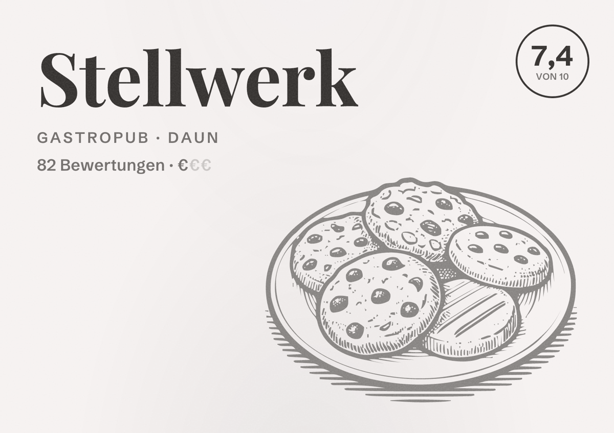 Illustriertes Poster von Stellwerk, Gastropub in Daun: Bewertung 7,4 von 10 aus 82 Bewertungen, Preisniveau €