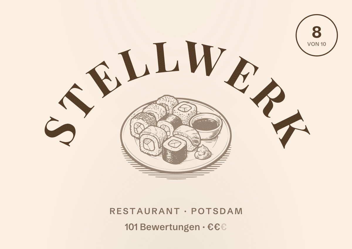 Illustriertes Poster von Stellwerk, Restaurant in Potsdam: Bewertung 8 von 10 aus 101 Bewertungen, Preisniveau €€