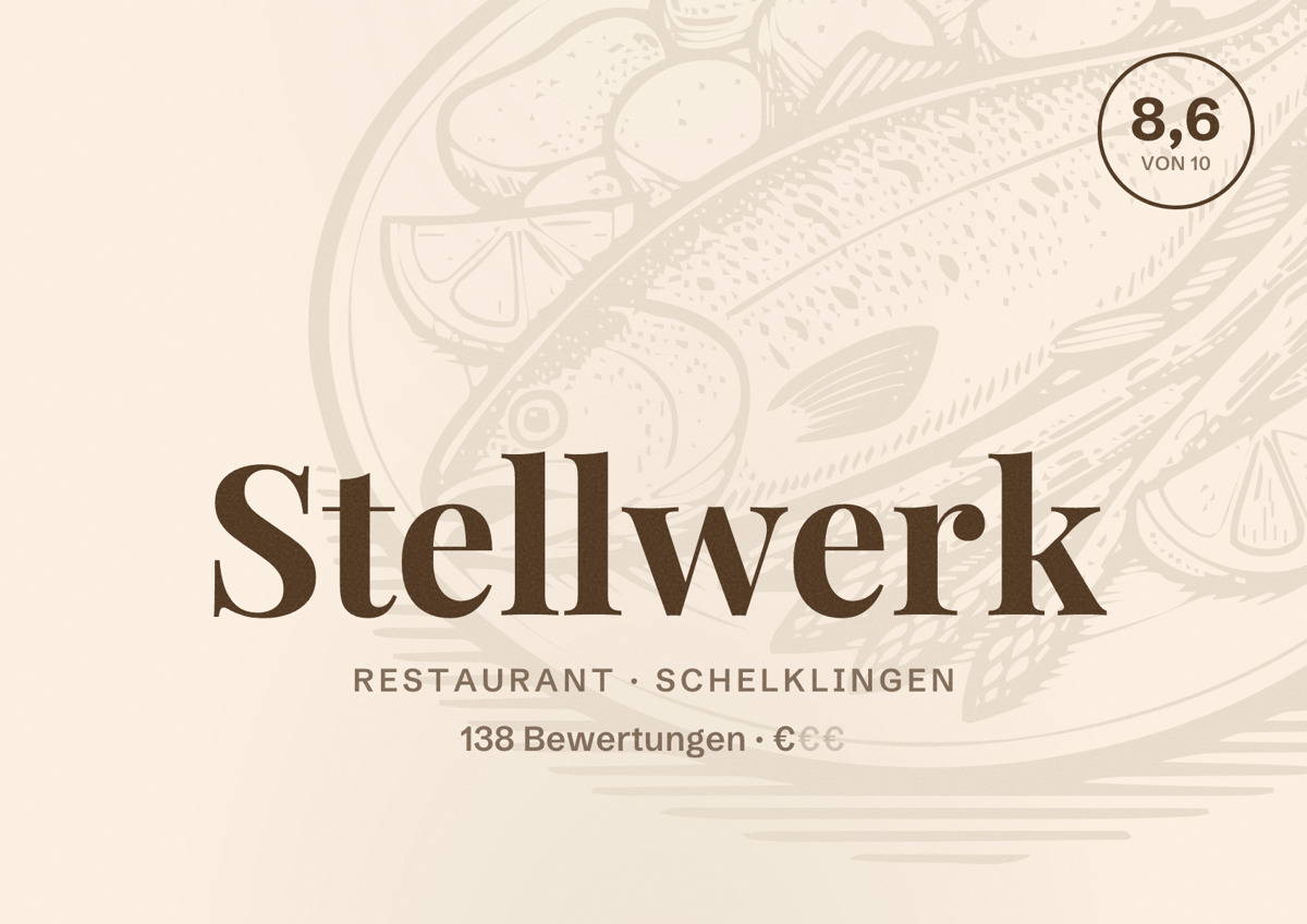 Illustriertes Poster von Stellwerk, Restaurant in Schelklingen: Bewertung 8,6 von 10 aus 138 Bewertungen, Preisniveau €