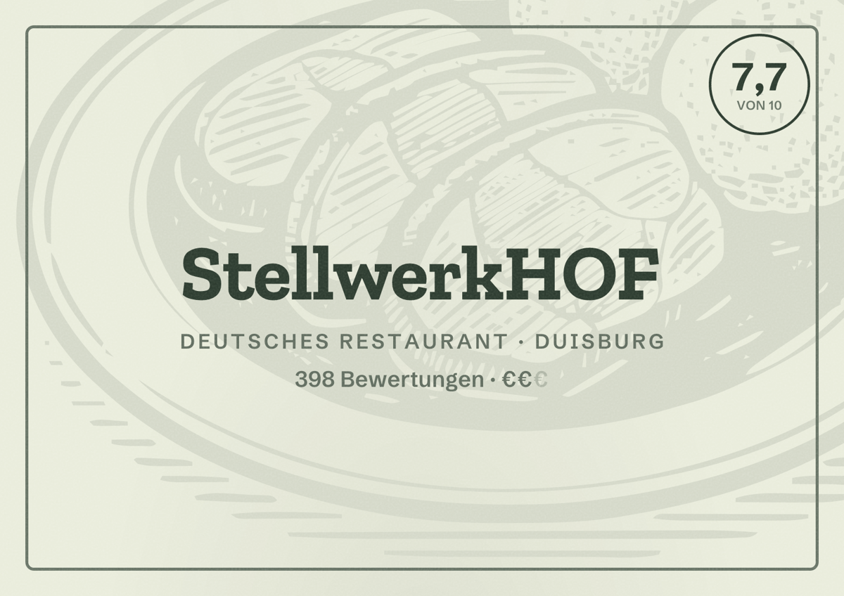 Illustriertes Poster von StellwerkHOF, Deutsches Restaurant in Duisburg: Bewertung 7,7 von 10 aus 398 Bewertungen, Preisniveau €€