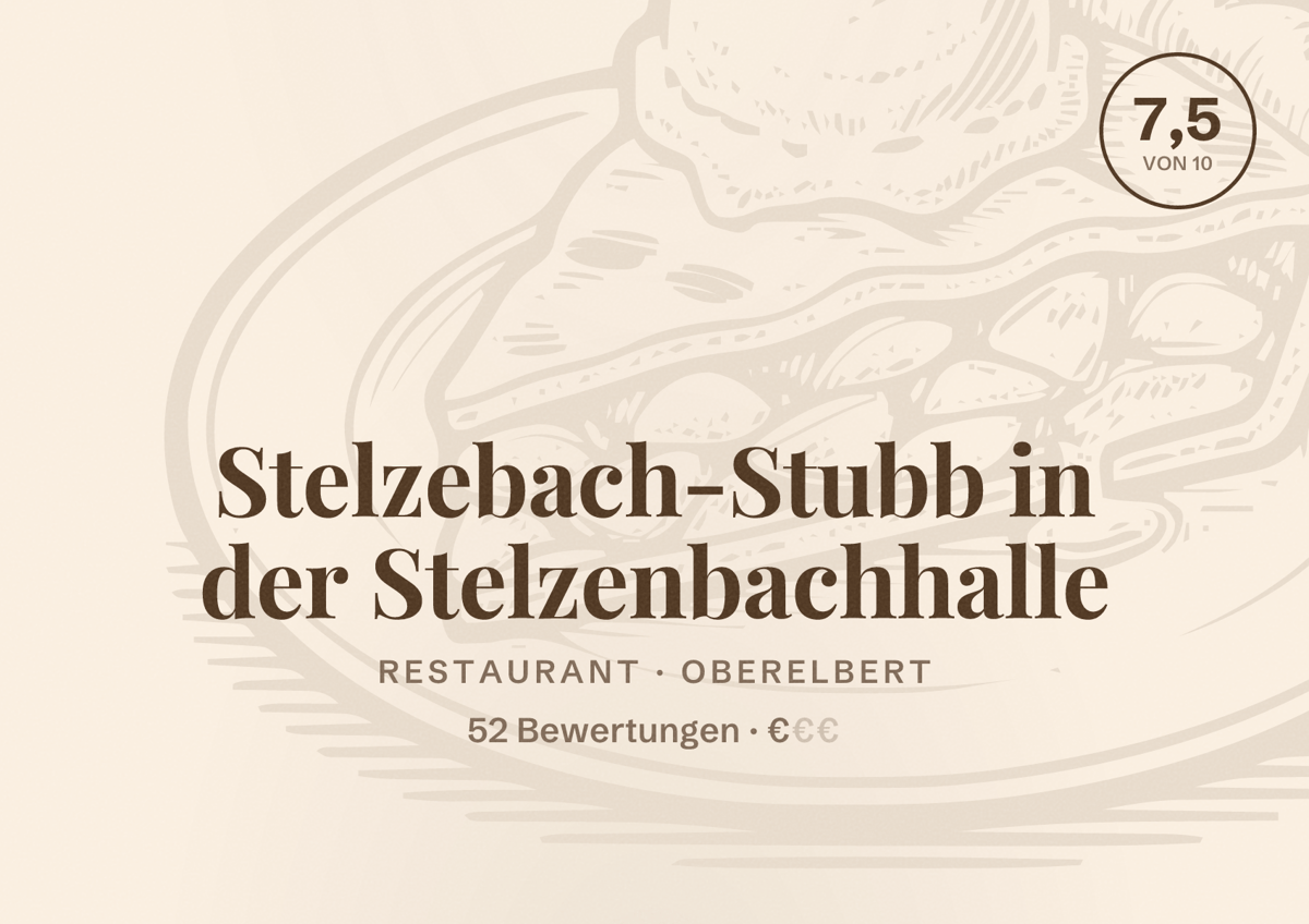 Illustriertes Poster von Stelzebach-Stubb in der Stelzenbachhalle, Restaurant in Oberelbert: Bewertung 7,5 von 10 aus 52 Bewertungen, Preisniveau €