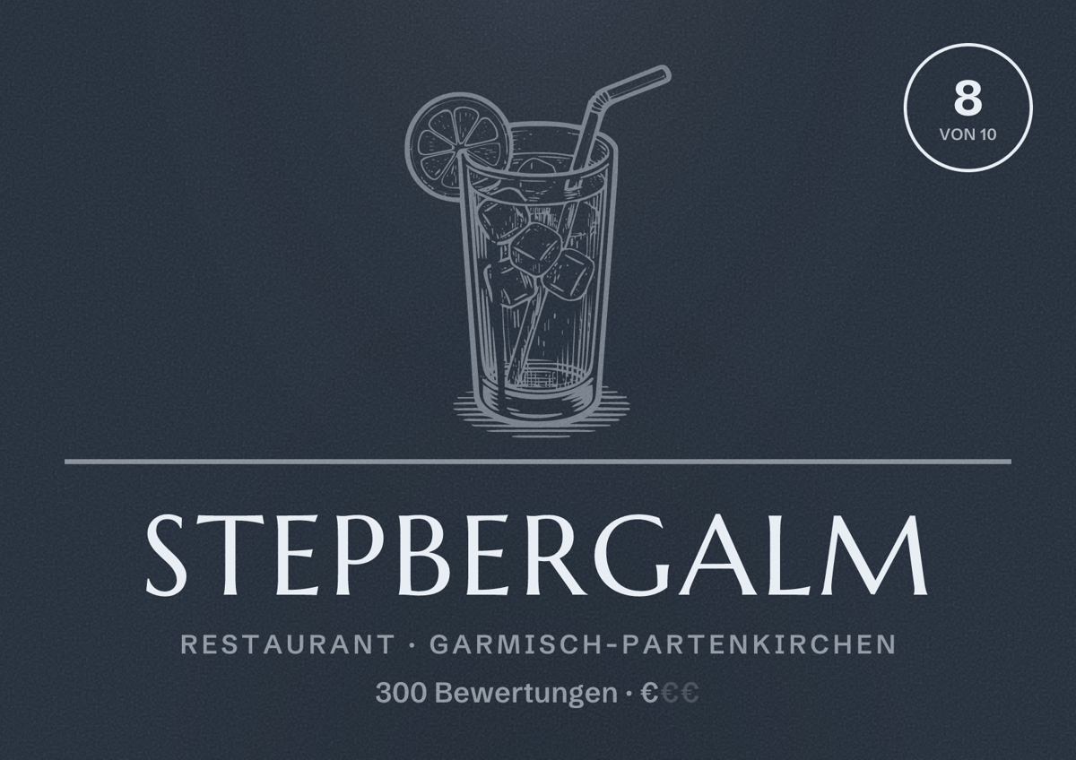 Illustriertes Poster von Stepbergalm, Restaurant in Garmisch-Partenkirchen: Bewertung 8 von 10 aus 300 Bewertungen, Preisniveau €