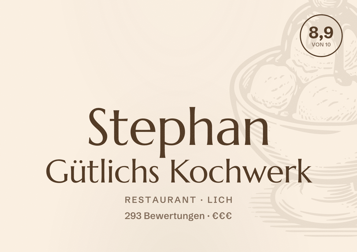Illustriertes Poster von Stephan Gütlichs Kochwerk, Restaurant in Lich: Bewertung 8,9 von 10 aus 293 Bewertungen, Preisniveau €€€