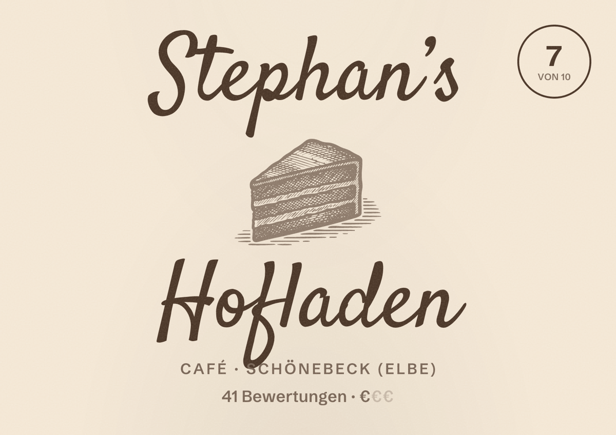 Illustriertes Poster von Stephan’s Hofladen, Café in Schönebeck (Elbe): Bewertung 7 von 10 aus 41 Bewertungen, Preisniveau €