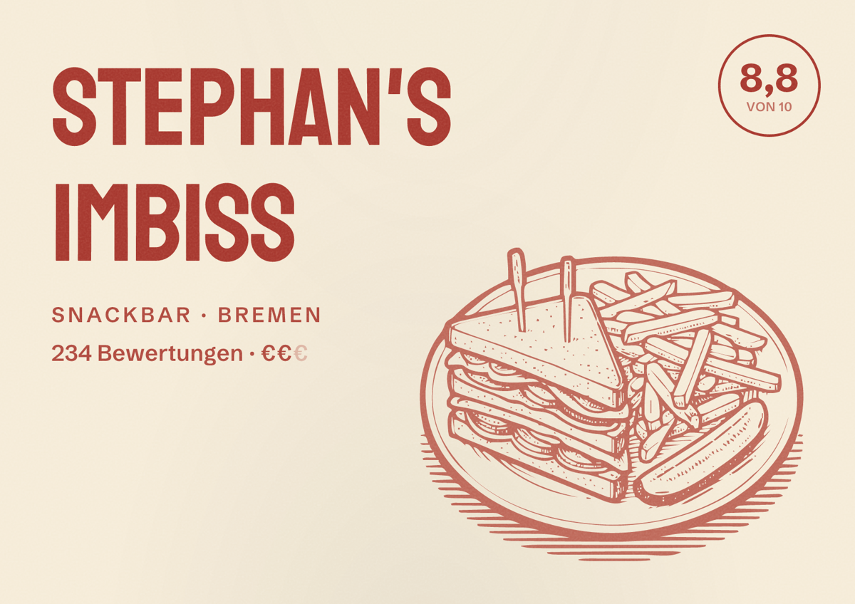 Illustriertes Poster von Stephan's Imbiss, Snackbar in Bremen: Bewertung 8,8 von 10 aus 234 Bewertungen, Preisniveau €€