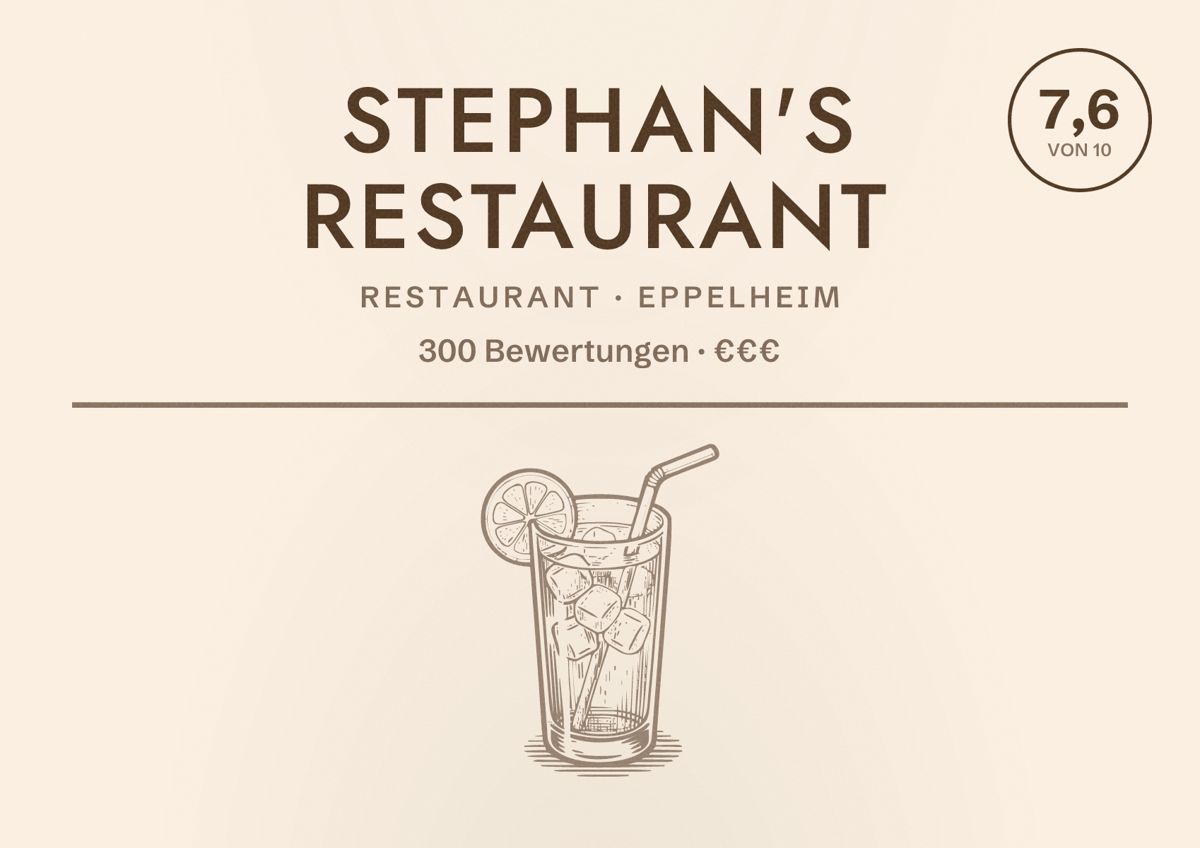 Illustriertes Poster von Stephan's Restaurant, Restaurant in Eppelheim: Bewertung 7,6 von 10 aus 300 Bewertungen, Preisniveau €€€