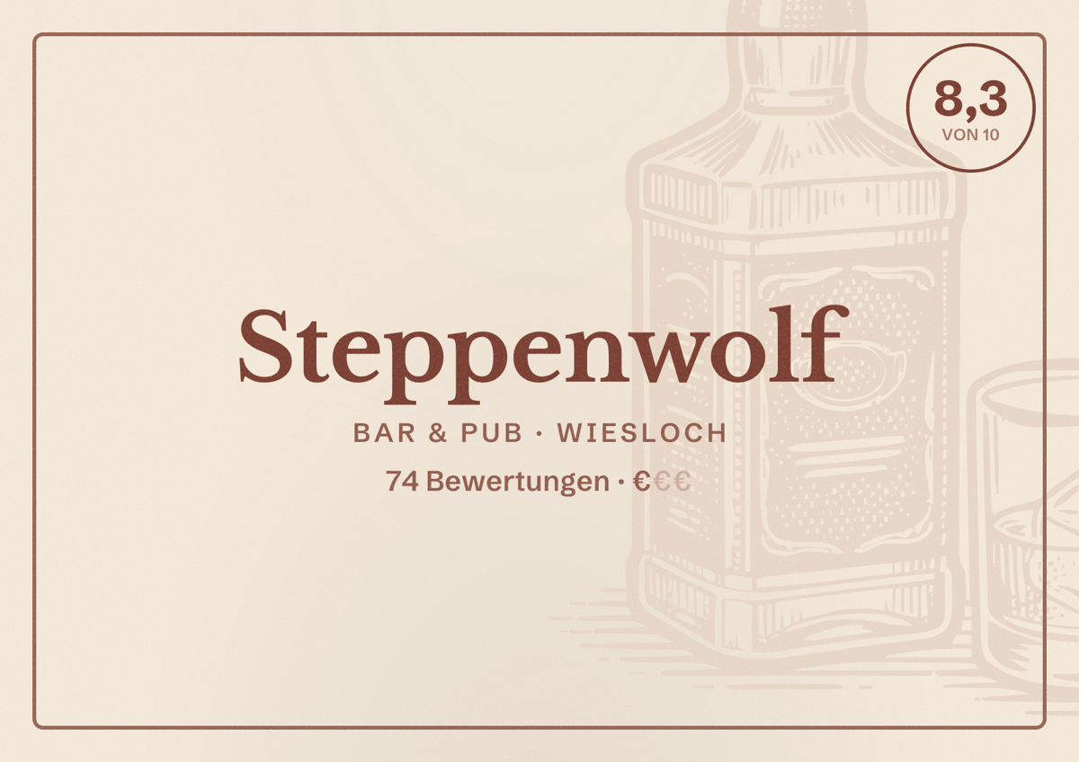 Illustriertes Poster von Steppenwolf, Bar & Pub in Wiesloch: Bewertung 8,3 von 10 aus 74 Bewertungen, Preisniveau €