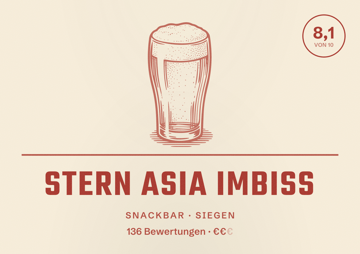 Illustriertes Poster von Stern Asia Imbiss, Snackbar in Siegen: Bewertung 8,1 von 10 aus 136 Bewertungen, Preisniveau €€