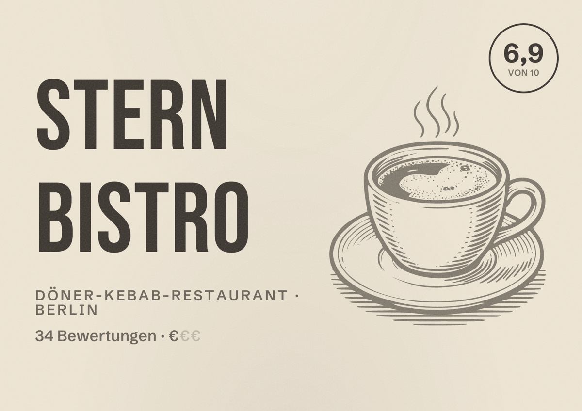 Illustriertes Poster von Stern Bistro, Döner-Kebab-Restaurant in Berlin: Bewertung 6,9 von 10 aus 34 Bewertungen, Preisniveau €