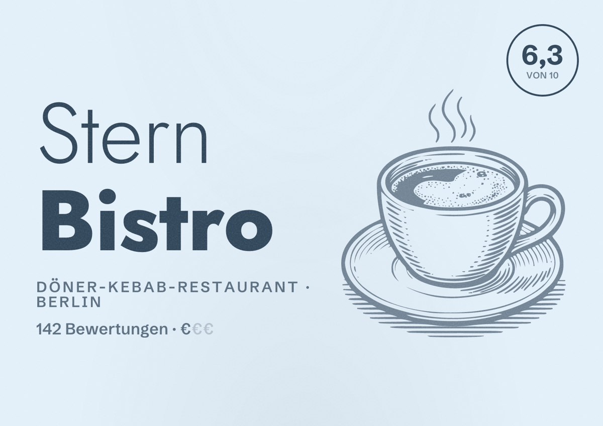 Illustriertes Poster von Stern Bistro, Döner-Kebab-Restaurant in Berlin: Bewertung 6,3 von 10 aus 142 Bewertungen, Preisniveau €