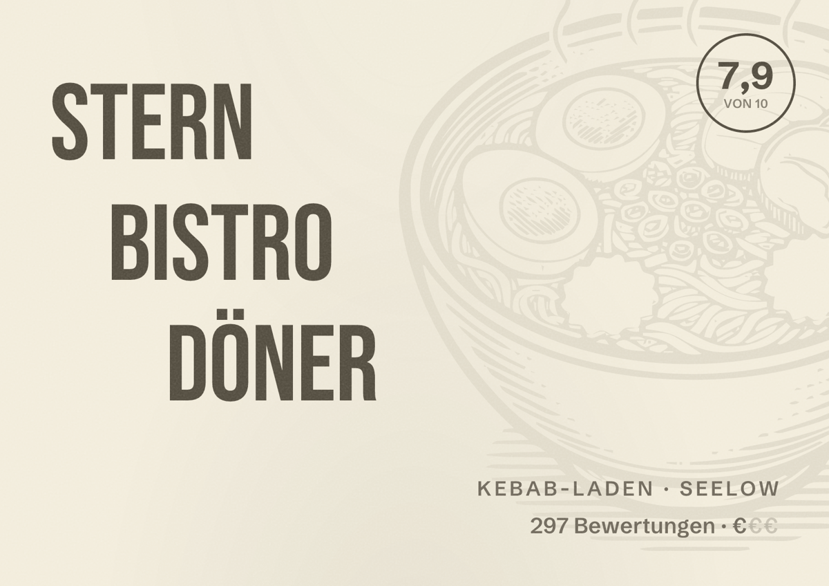 Illustriertes Poster von Stern Bistro Döner, Kebab-Laden in Seelow: Bewertung 7,9 von 10 aus 297 Bewertungen, Preisniveau €