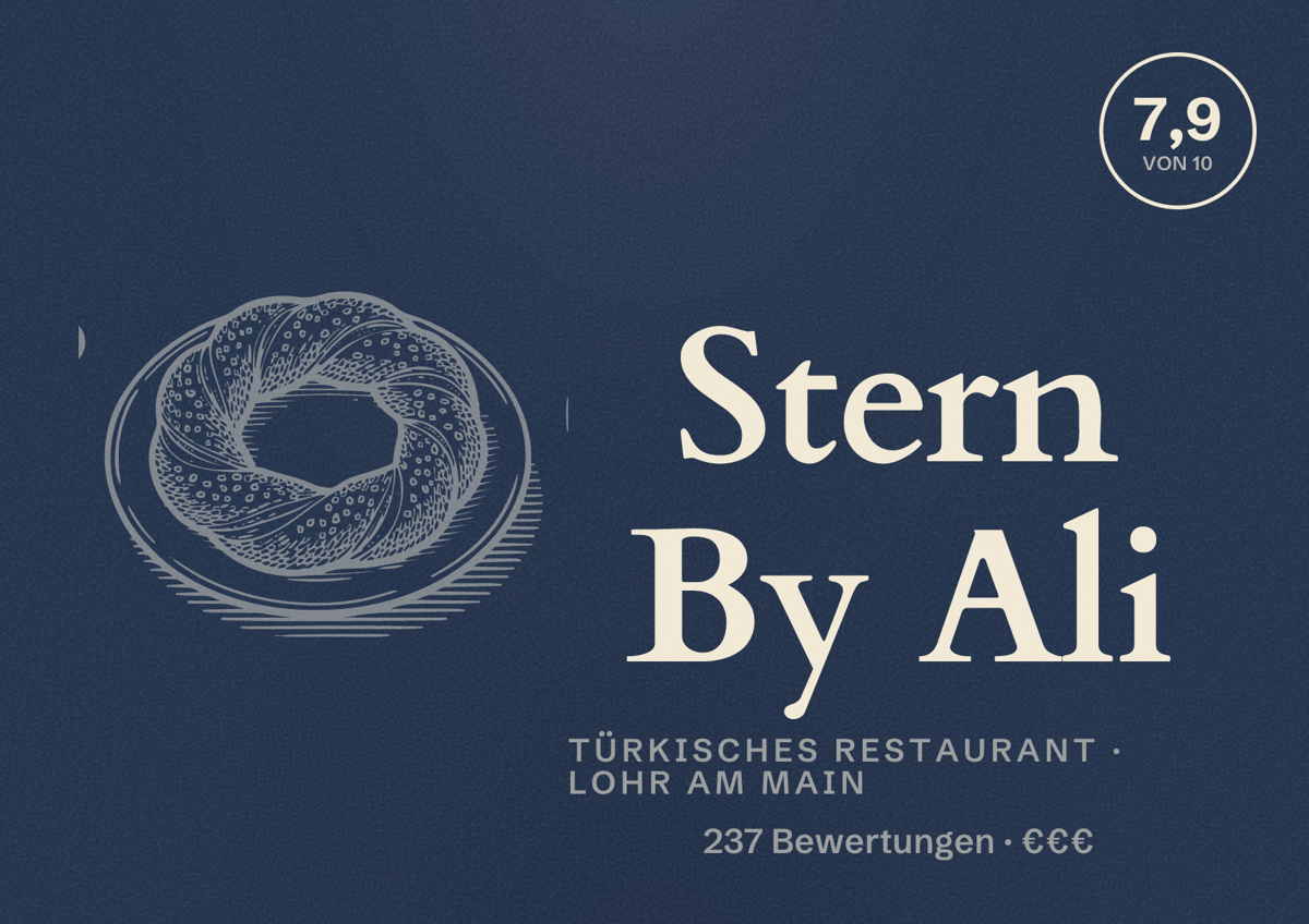 Illustriertes Poster von Stern By Ali, Türkisches Restaurant in Lohr am Main: Bewertung 7,9 von 10 aus 237 Bewertungen, Preisniveau €€€