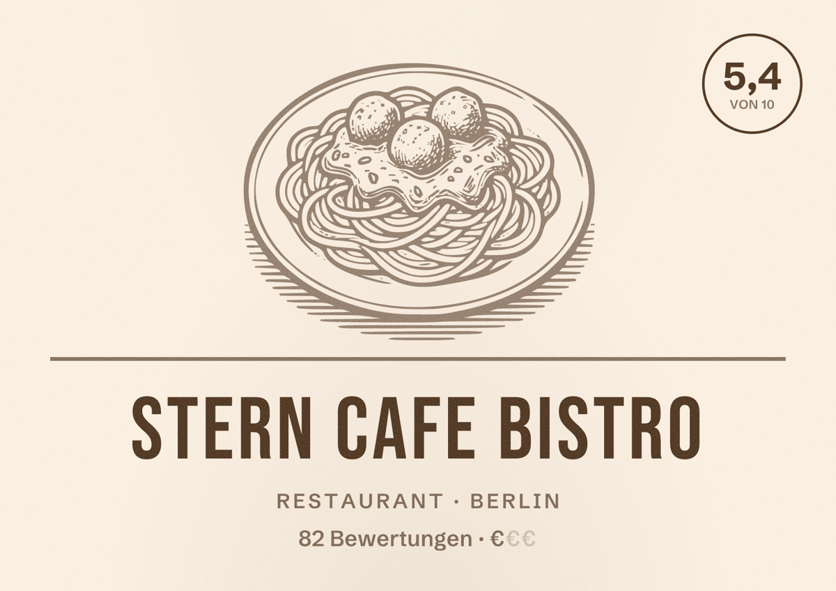 Illustriertes Poster von Stern Cafe Bistro, Restaurant in Berlin: Bewertung 5,4 von 10 aus 82 Bewertungen, Preisniveau €