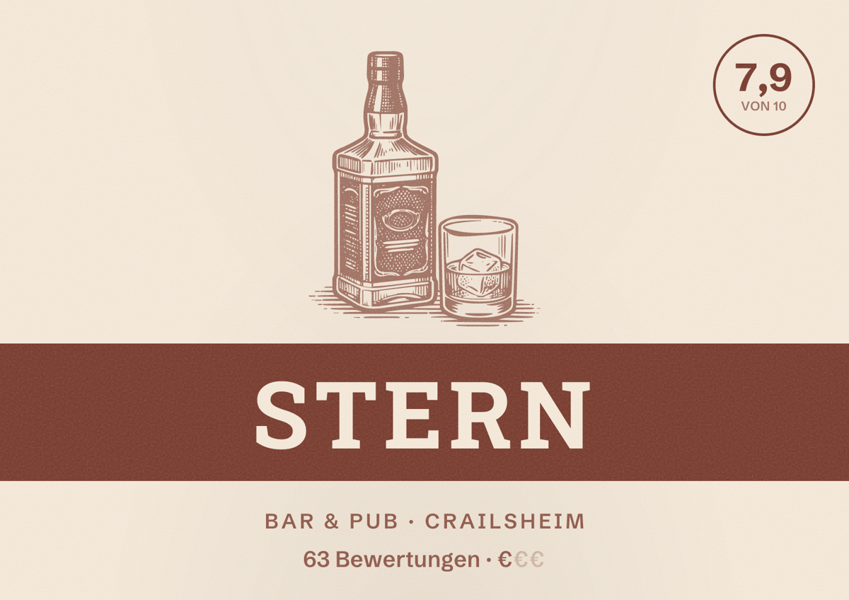 Illustriertes Poster von Stern, Bar & Pub in Crailsheim: Bewertung 7,9 von 10 aus 63 Bewertungen, Preisniveau €