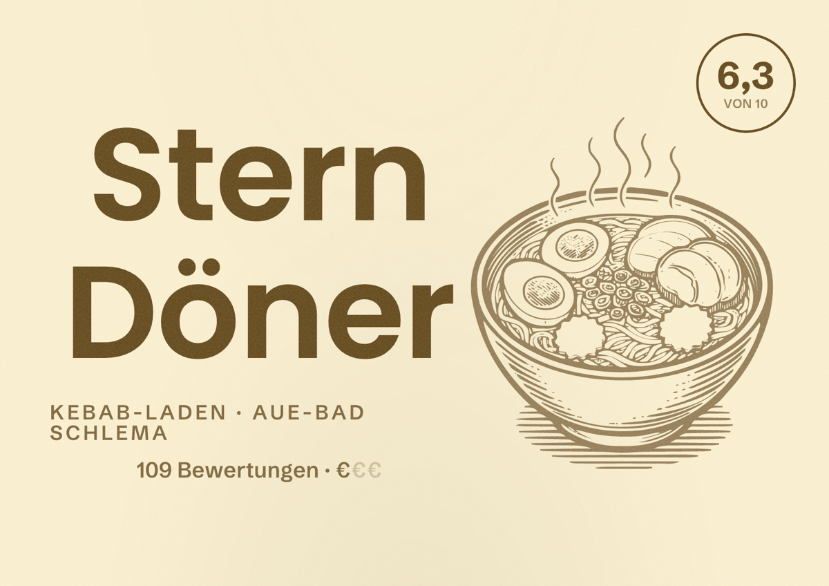 Illustriertes Poster von Stern Döner, Kebab-Laden in Aue-Bad Schlema: Bewertung 6,3 von 10 aus 109 Bewertungen, Preisniveau €