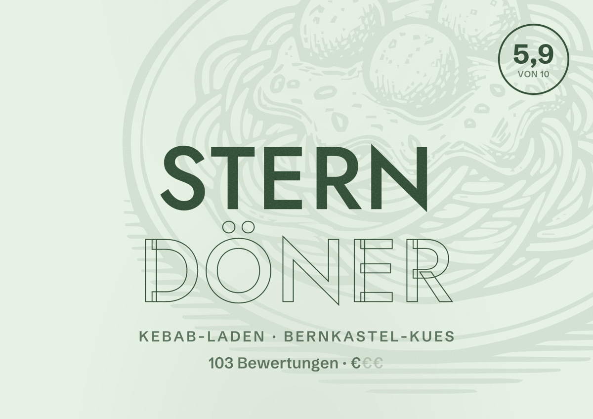 Illustriertes Poster von Stern Döner, Kebab-Laden in Bernkastel-Kues: Bewertung 5,9 von 10 aus 103 Bewertungen, Preisniveau €