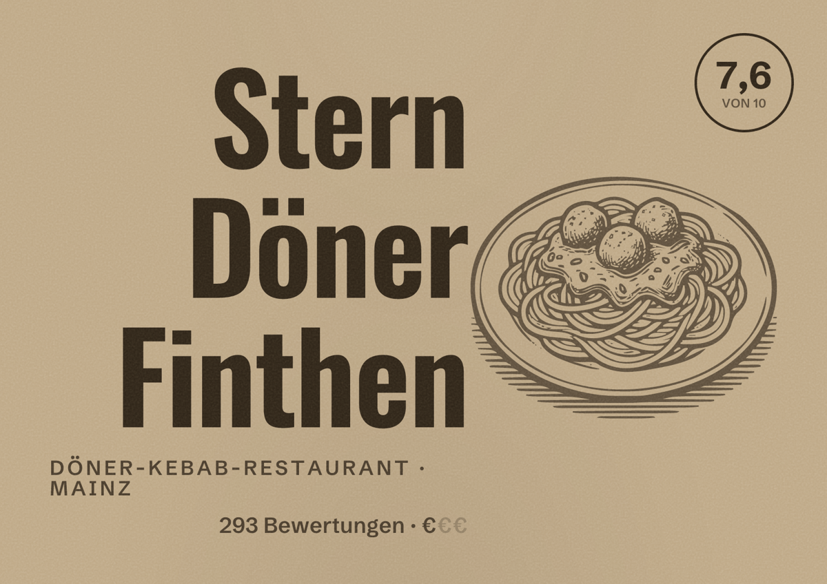 Illustriertes Poster von Stern Döner Finthen, Döner-Kebab-Restaurant in Mainz: Bewertung 7,6 von 10 aus 293 Bewertungen, Preisniveau €