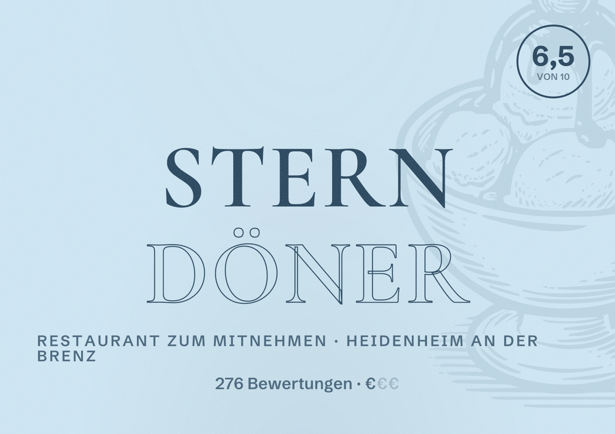 Illustriertes Poster von Stern Döner, Restaurant zum Mitnehmen in Heidenheim an der Brenz: Bewertung 6,5 von 10 aus 276 Bewertungen, Preisniveau €