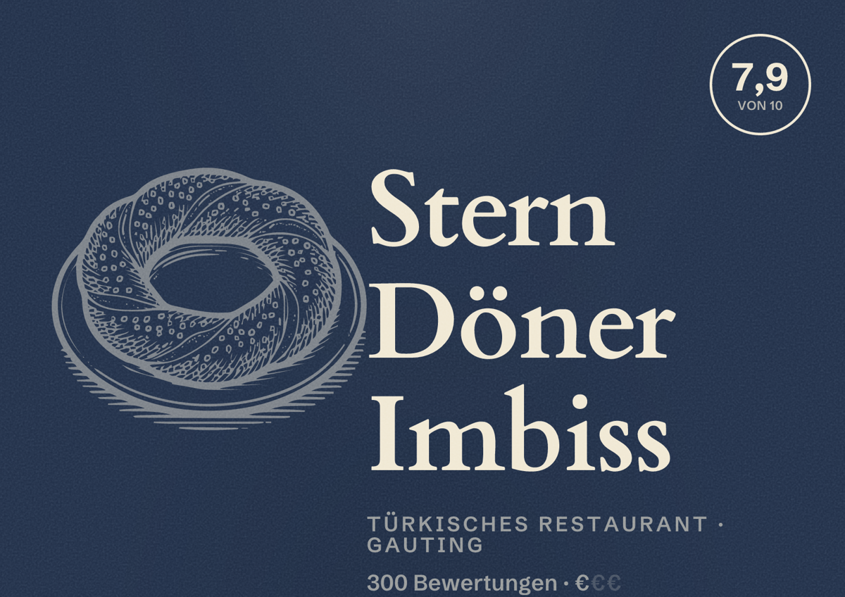 Illustriertes Poster von Stern Döner Imbiss, Türkisches Restaurant in Gauting: Bewertung 7,9 von 10 aus 300 Bewertungen, Preisniveau €