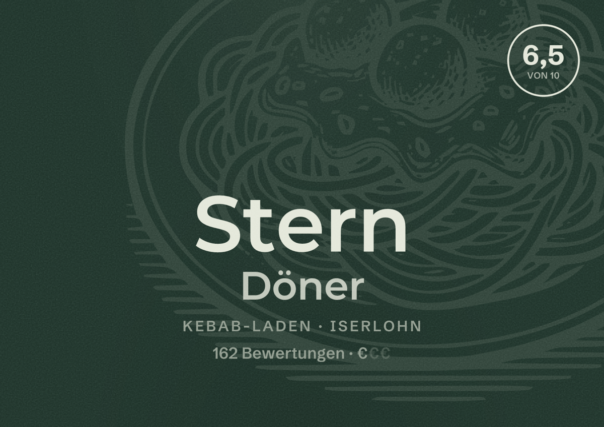 Illustriertes Poster von Stern Döner, Kebab-Laden in Iserlohn: Bewertung 6,5 von 10 aus 162 Bewertungen, Preisniveau €
