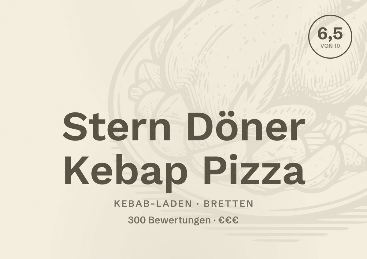 Illustriertes Poster von Stern Döner Kebap Pizza, Kebab-Laden in Bretten: Bewertung 6,5 von 10 aus 300 Bewertungen, Preisniveau €€€