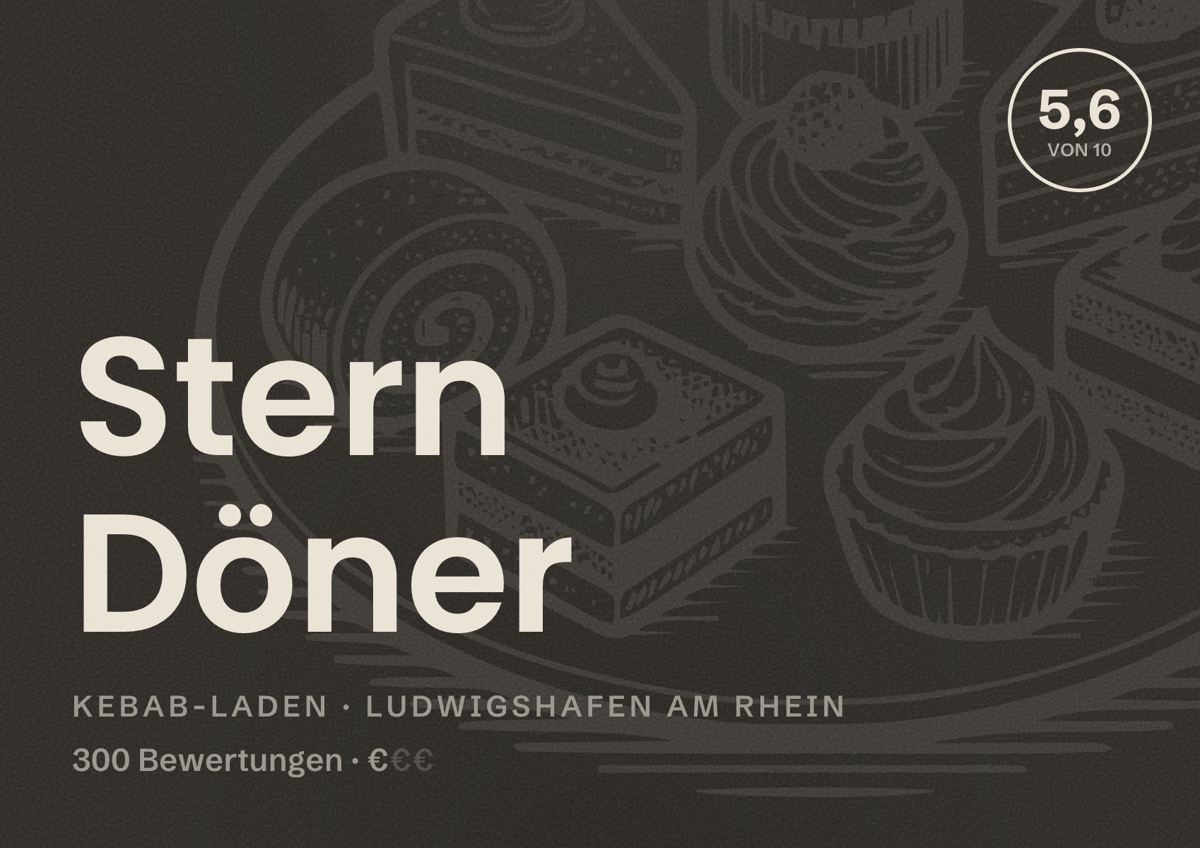Illustriertes Poster von Stern Döner, Kebab-Laden in Ludwigshafen am Rhein: Bewertung 5,6 von 10 aus 300 Bewertungen, Preisniveau €