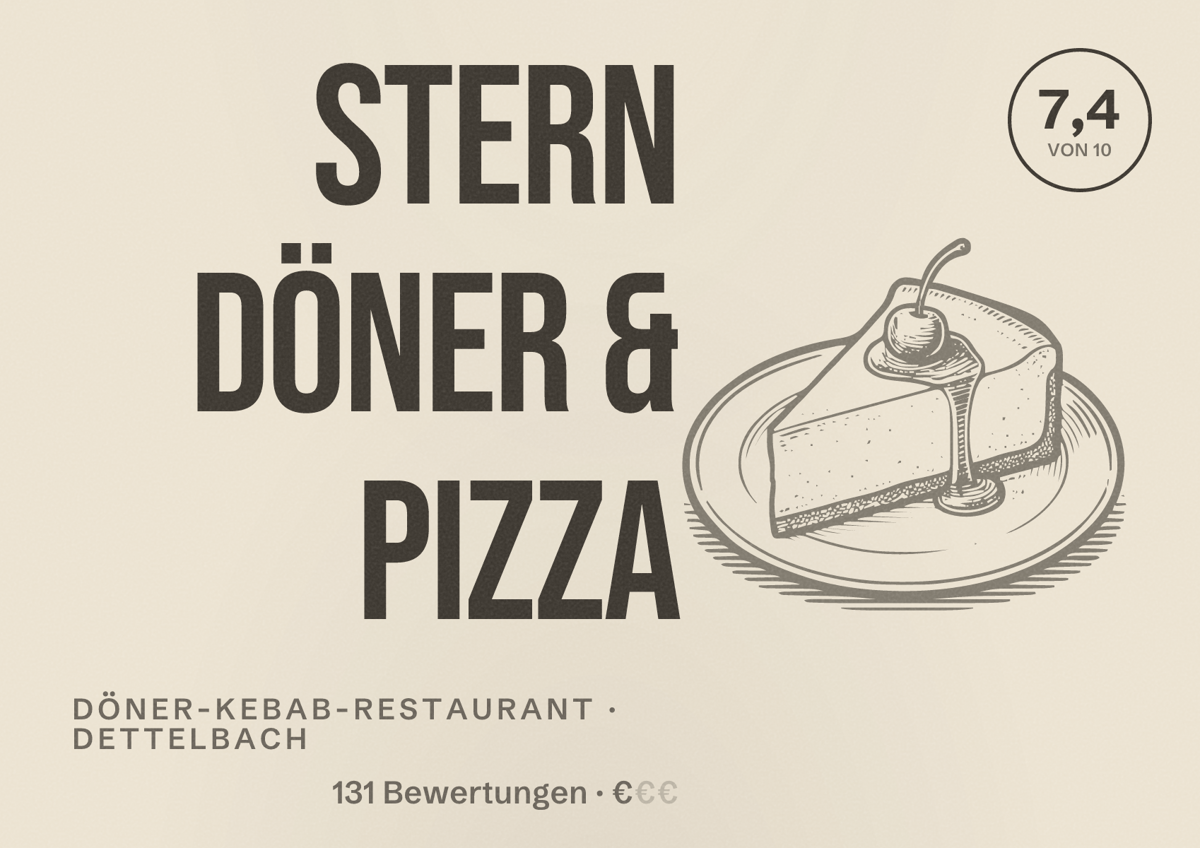 Illustriertes Poster von Stern Döner & Pizza, Döner-Kebab-Restaurant in Dettelbach: Bewertung 7,4 von 10 aus 131 Bewertungen, Preisniveau €