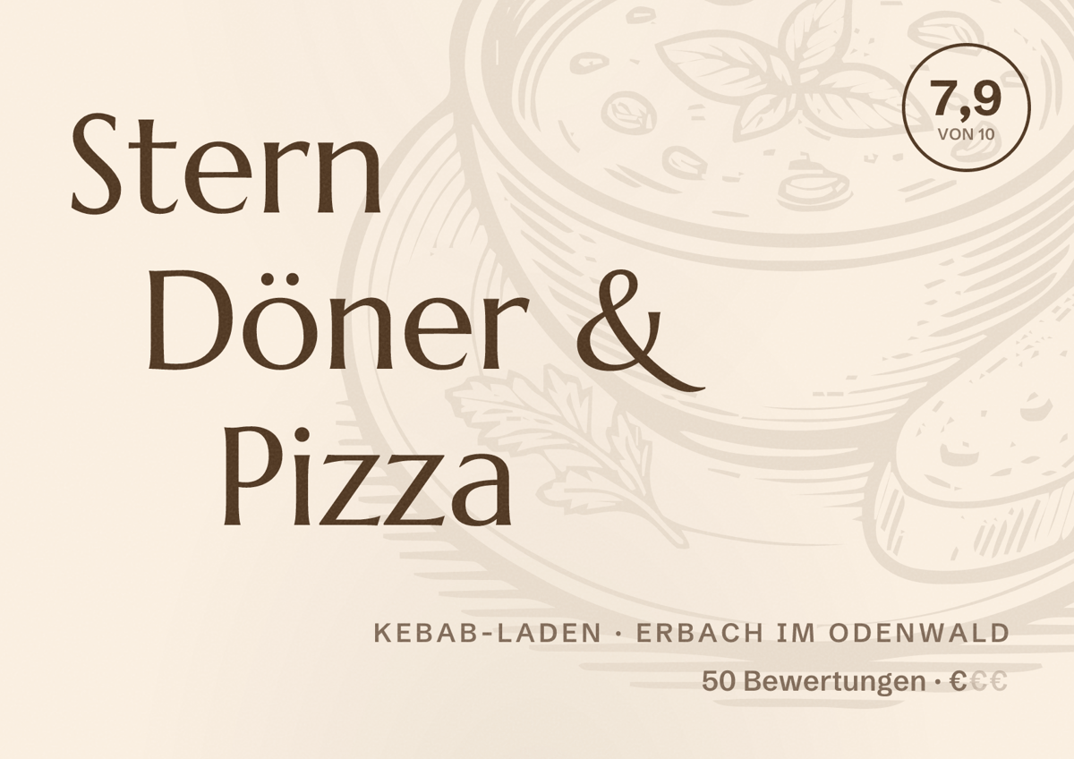 Illustriertes Poster von Stern Döner & Pizza, Kebab-Laden in Erbach im Odenwald: Bewertung 7,9 von 10 aus 50 Bewertungen, Preisniveau €