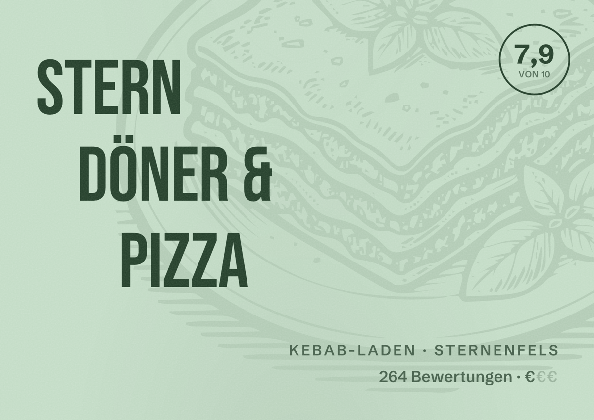 Illustriertes Poster von Stern Döner & Pizza, Kebab-Laden in Sternenfels: Bewertung 7,9 von 10 aus 264 Bewertungen, Preisniveau €
