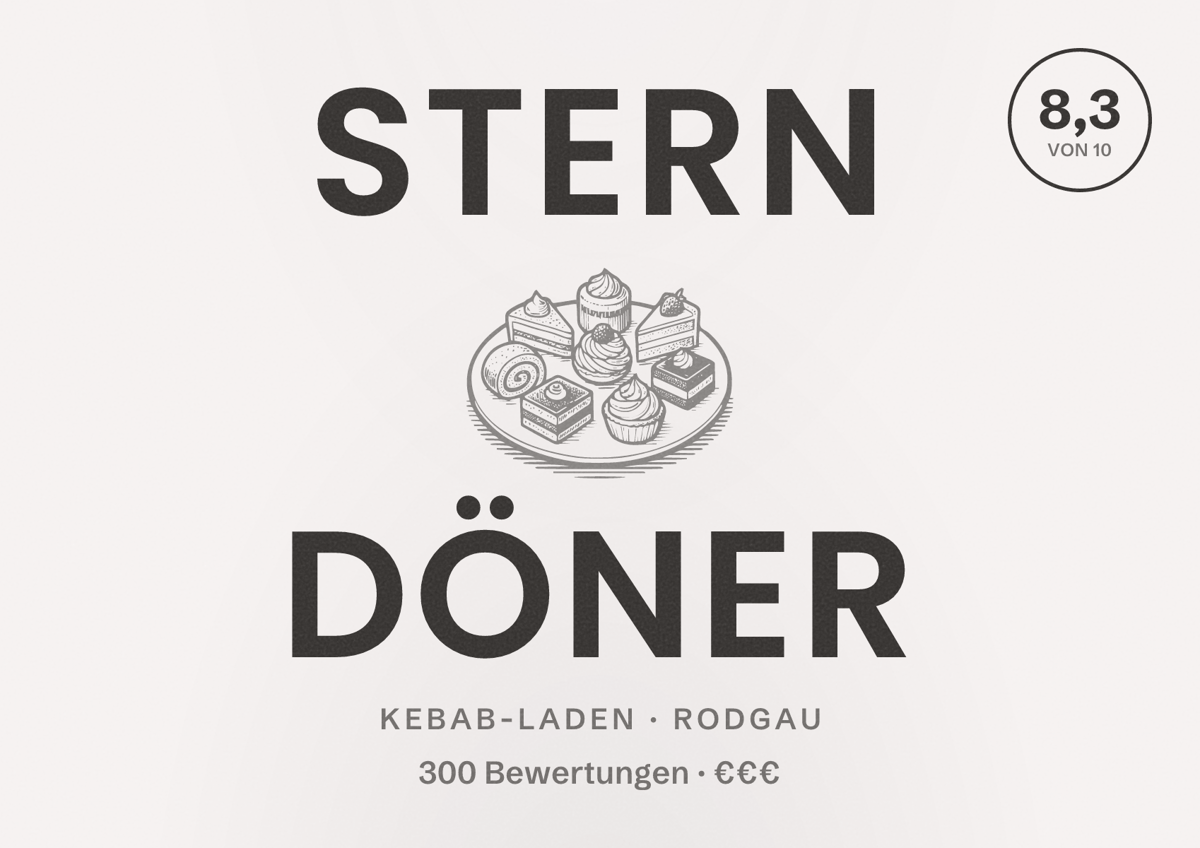 Illustriertes Poster von Stern Döner, Kebab-Laden in Rodgau: Bewertung 8,3 von 10 aus 300 Bewertungen, Preisniveau €€€