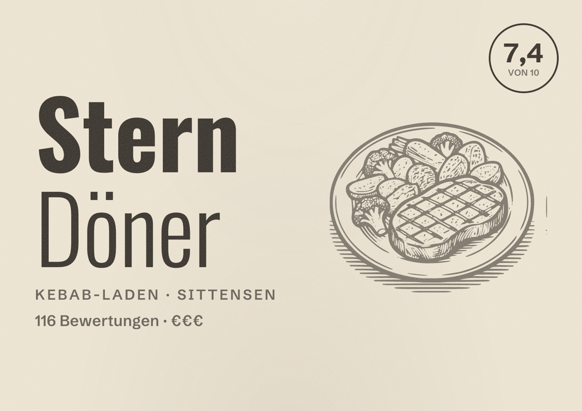 Illustriertes Poster von Stern Döner, Kebab-Laden in Sittensen: Bewertung 7,4 von 10 aus 116 Bewertungen, Preisniveau €€€