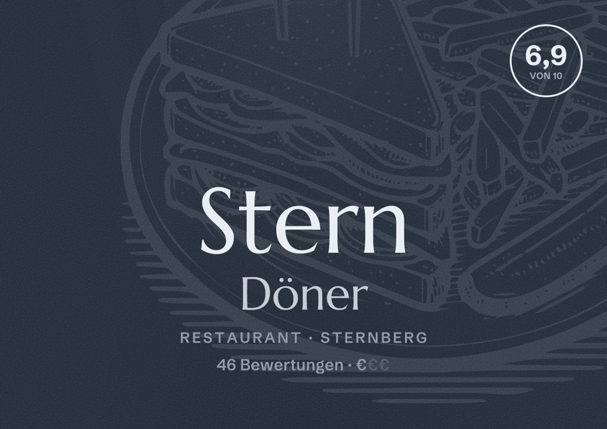 Illustriertes Poster von Stern Döner, Restaurant in Sternberg: Bewertung 6,9 von 10 aus 46 Bewertungen, Preisniveau €