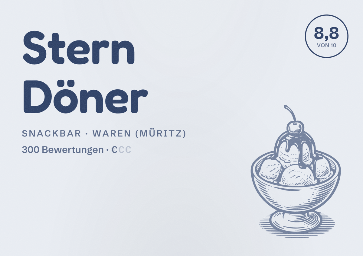 Illustriertes Poster von Stern Döner, Snackbar in Waren (Müritz): Bewertung 8,8 von 10 aus 300 Bewertungen, Preisniveau €