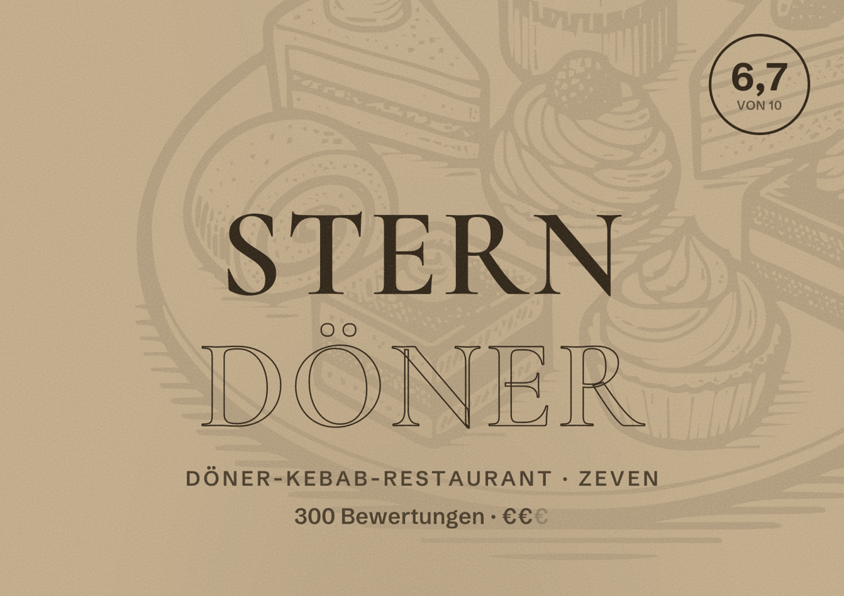 Illustriertes Poster von Stern Döner, Döner-Kebab-Restaurant in Zeven: Bewertung 6,7 von 10 aus 300 Bewertungen, Preisniveau €€