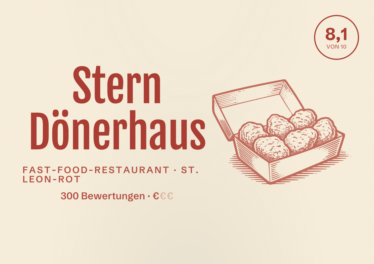 Illustriertes Poster von Stern Dönerhaus, Fast-Food-Restaurant in St. Leon-Rot: Bewertung 8,1 von 10 aus 300 Bewertungen, Preisniveau €