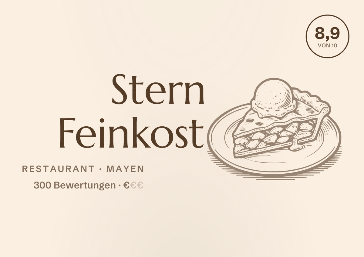 Illustriertes Poster von Stern Feinkost, Restaurant in Mayen: Bewertung 8,9 von 10 aus 300 Bewertungen, Preisniveau €