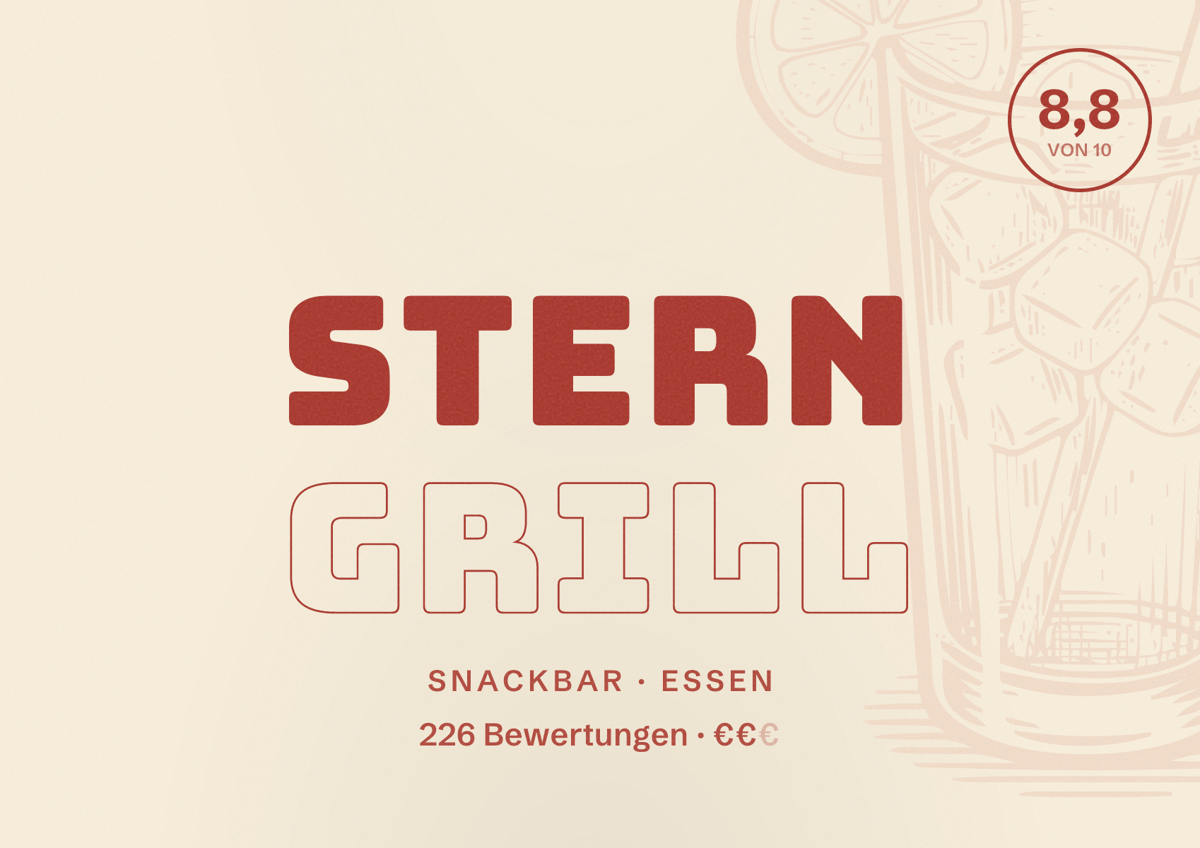 Illustriertes Poster von Stern Grill, Snackbar in Essen: Bewertung 8,8 von 10 aus 226 Bewertungen, Preisniveau €€