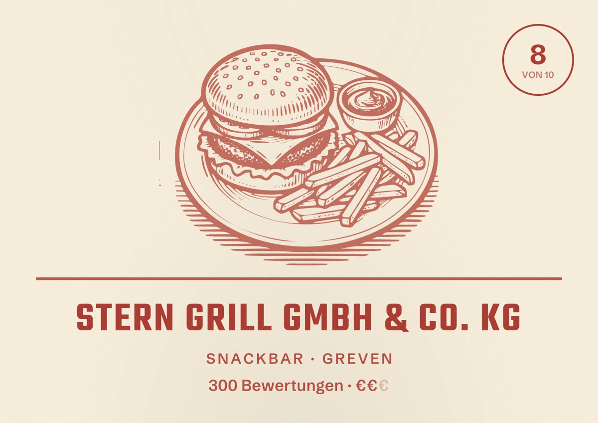 Illustriertes Poster von Stern Grill GmbH & Co. KG, Snackbar in Greven: Bewertung 8 von 10 aus 300 Bewertungen, Preisniveau €€