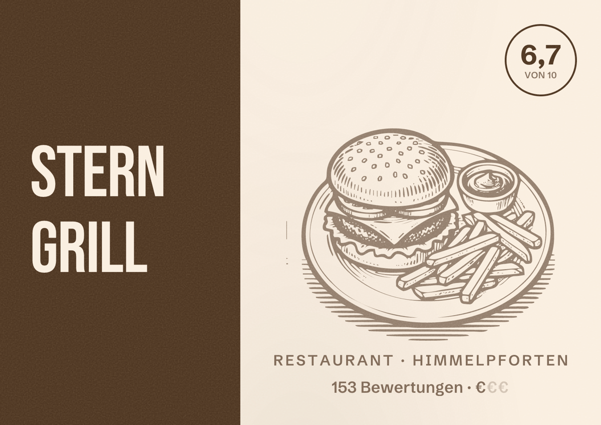 Illustriertes Poster von Stern Grill, Restaurant in Himmelpforten: Bewertung 6,7 von 10 aus 153 Bewertungen, Preisniveau €