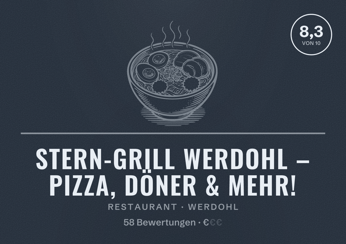 Illustriertes Poster von Stern-Grill Werdohl – Pizza, Döner & mehr!, Restaurant in Werdohl: Bewertung 8,3 von 10 aus 58 Bewertungen, Preisniveau €