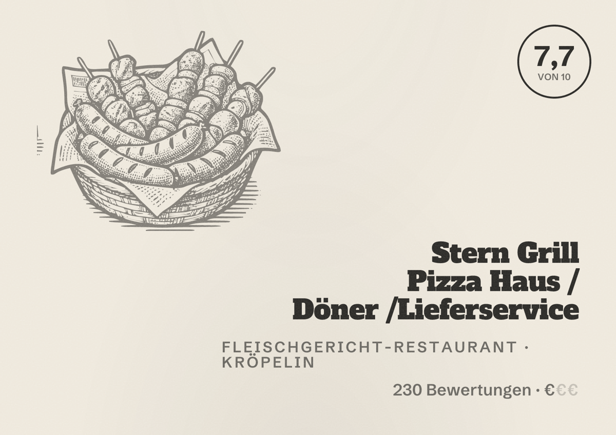 Illustriertes Poster von Stern Grill Pizza Haus / Döner /Lieferservice, Fleischgericht-Restaurant in Kröpelin: Bewertung 7,7 von 10 aus 230 Bewertungen, Preisniveau €