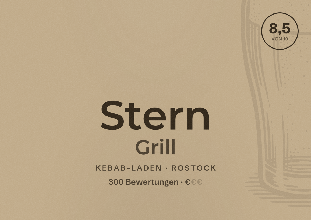 Illustriertes Poster von Stern Grill, Kebab-Laden in Rostock: Bewertung 8,5 von 10 aus 300 Bewertungen, Preisniveau €