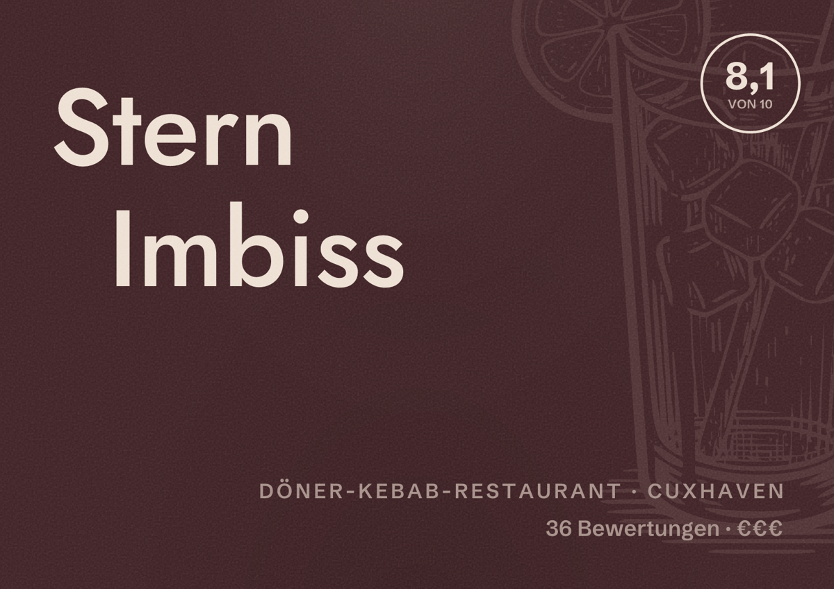 Illustriertes Poster von Stern Imbiss, Döner-Kebab-Restaurant in Cuxhaven: Bewertung 8,1 von 10 aus 36 Bewertungen, Preisniveau €€€