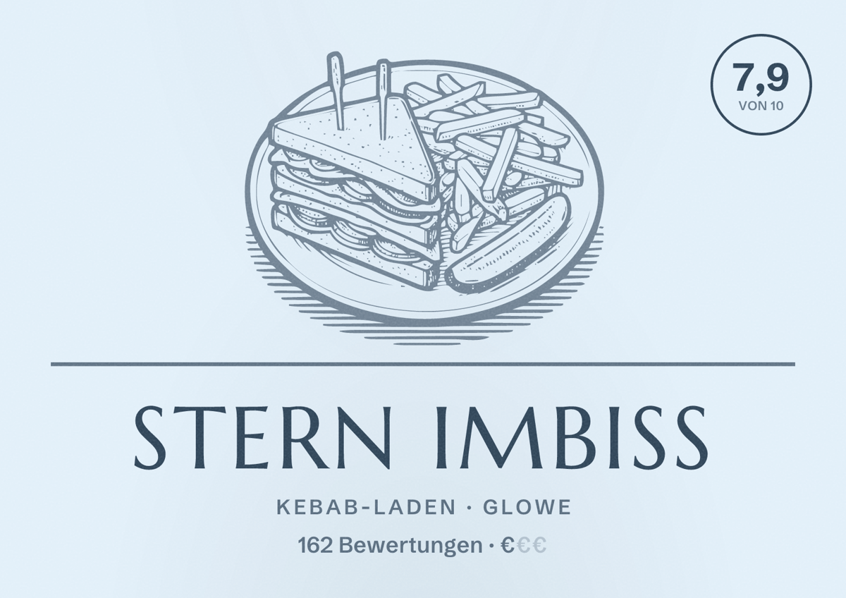 Illustriertes Poster von Stern Imbiss, Kebab-Laden in Glowe: Bewertung 7,9 von 10 aus 162 Bewertungen, Preisniveau €