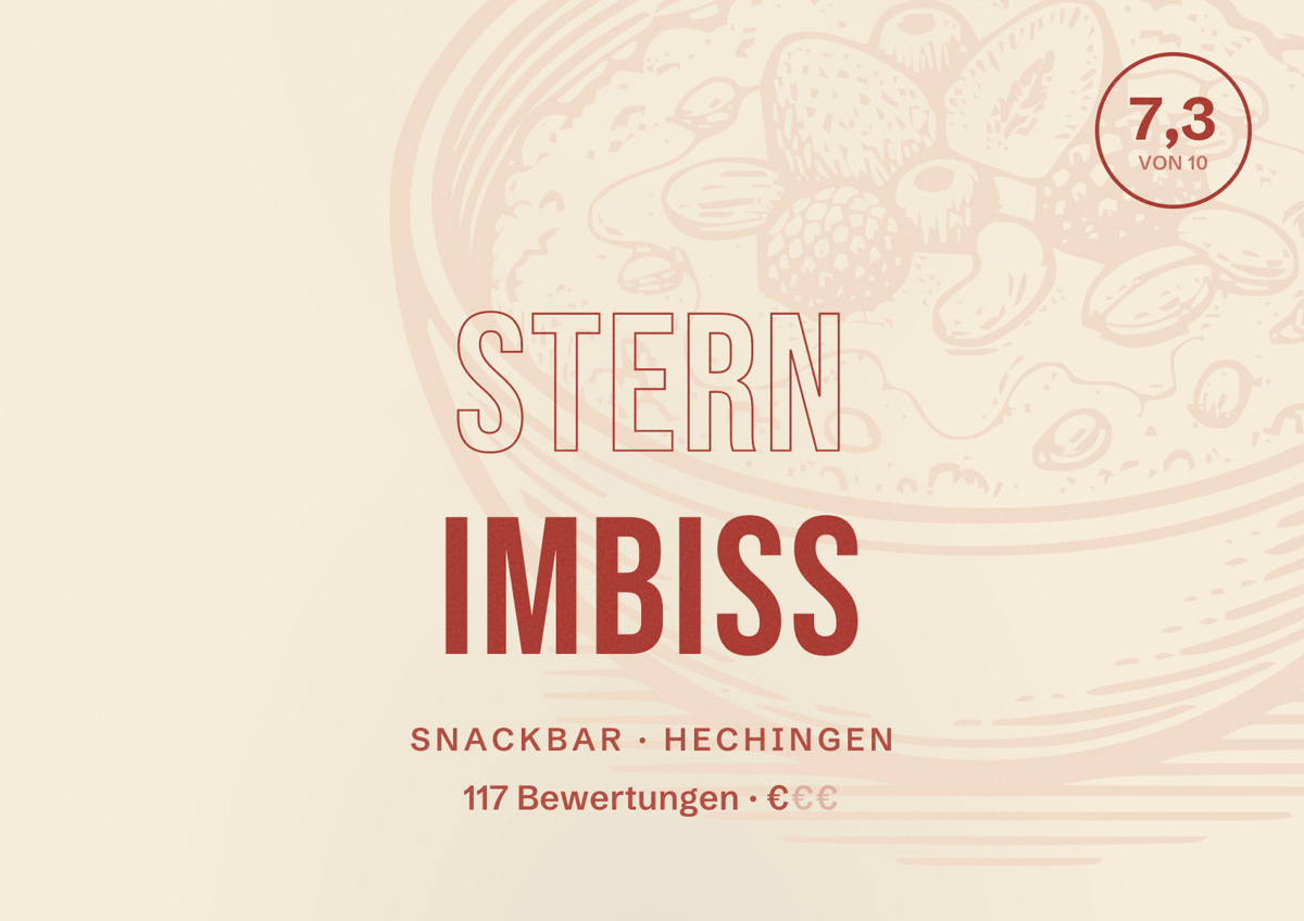 Illustriertes Poster von Stern Imbiss, Snackbar in Hechingen: Bewertung 7,3 von 10 aus 117 Bewertungen, Preisniveau €