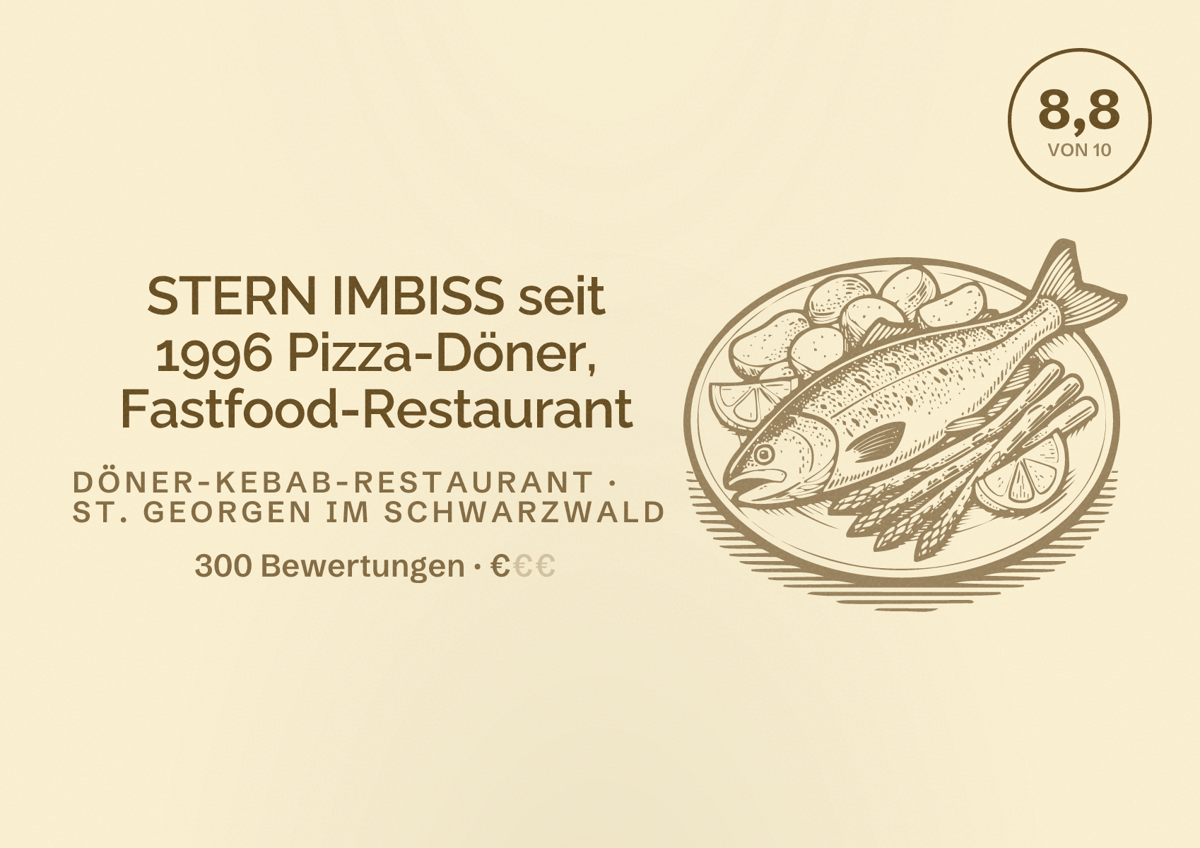 Illustriertes Poster von STERN IMBISS seit 1996 Pizza-Döner, Fastfood-Restaurant, Döner-Kebab-Restaurant in St. Georgen im Schwarzwald: Bewertung 8,8 von 10 aus 300 Bewertungen, Preisniveau €