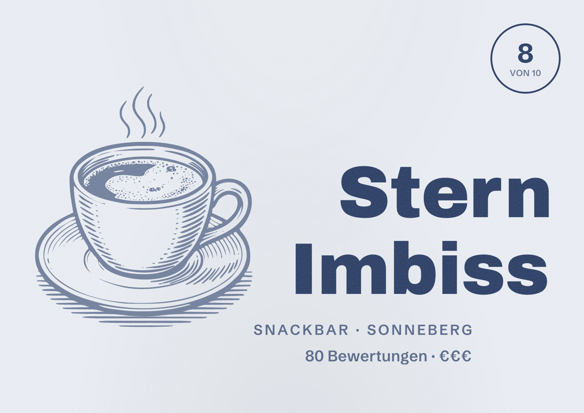 Illustriertes Poster von Stern Imbiss, Snackbar in Sonneberg: Bewertung 8 von 10 aus 80 Bewertungen, Preisniveau €€€