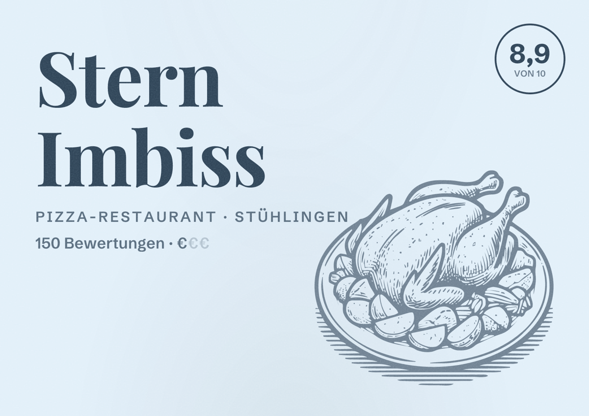 Illustriertes Poster von Stern Imbiss, Pizza-Restaurant in Stühlingen: Bewertung 8,9 von 10 aus 150 Bewertungen, Preisniveau €