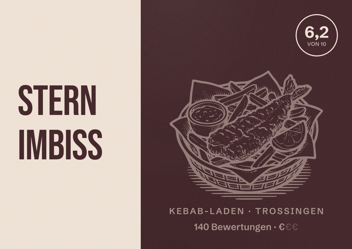 Illustriertes Poster von Stern Imbiss, Kebab-Laden in Trossingen: Bewertung 6,2 von 10 aus 140 Bewertungen, Preisniveau €
