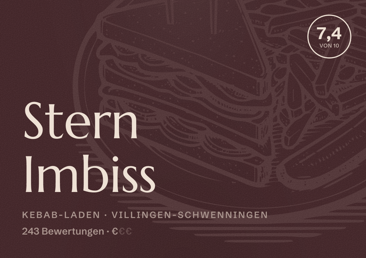 Illustriertes Poster von Stern Imbiss, Kebab-Laden in Villingen-Schwenningen: Bewertung 7,4 von 10 aus 243 Bewertungen, Preisniveau €
